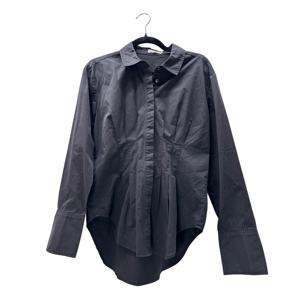 Good American Black Cinched Waist Pleated Button Down Shirt Blouse Size 2/Medium